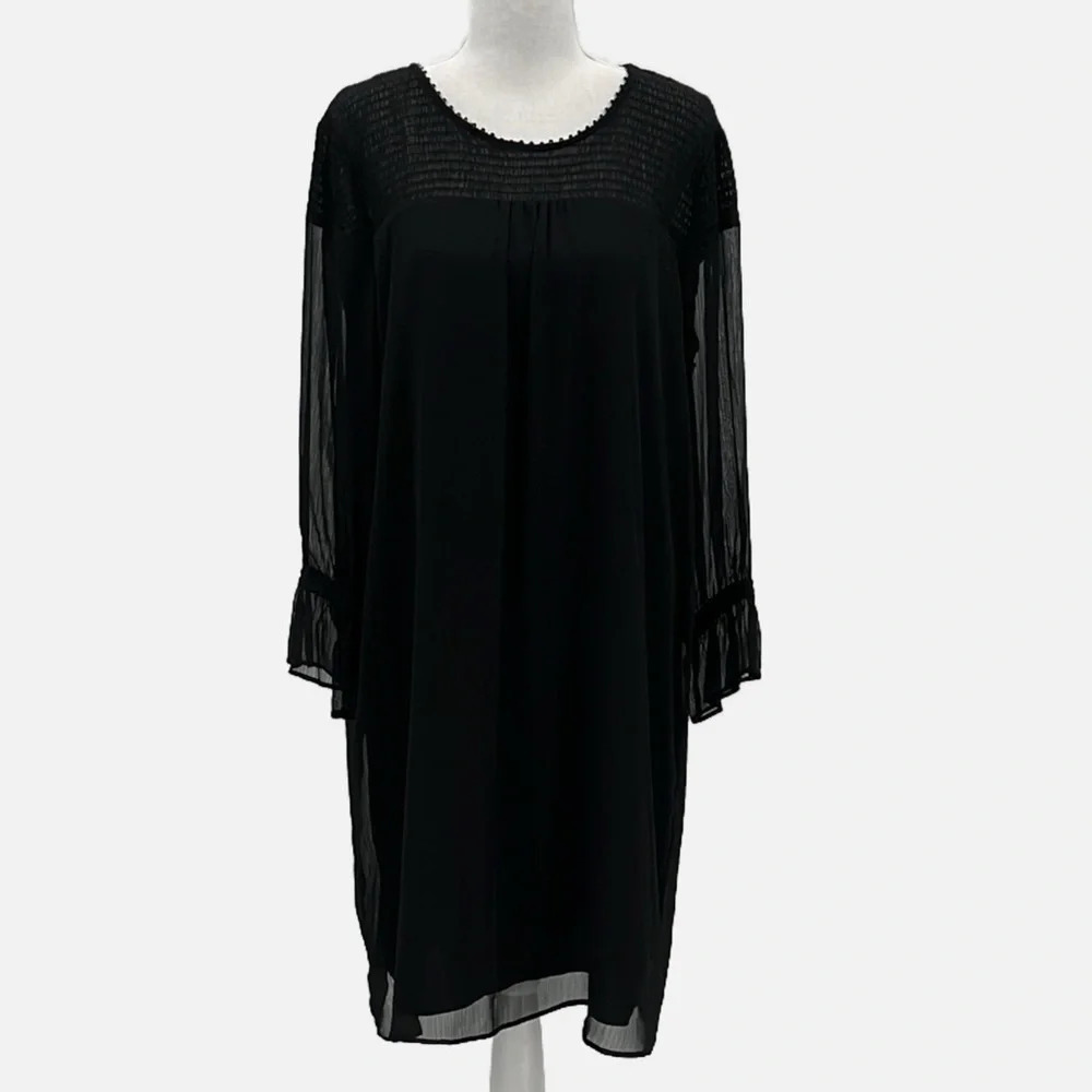 IMNYC Isaac Mizrahi Smocked Bodice Chiffon Shift Dress in Black - Size Large